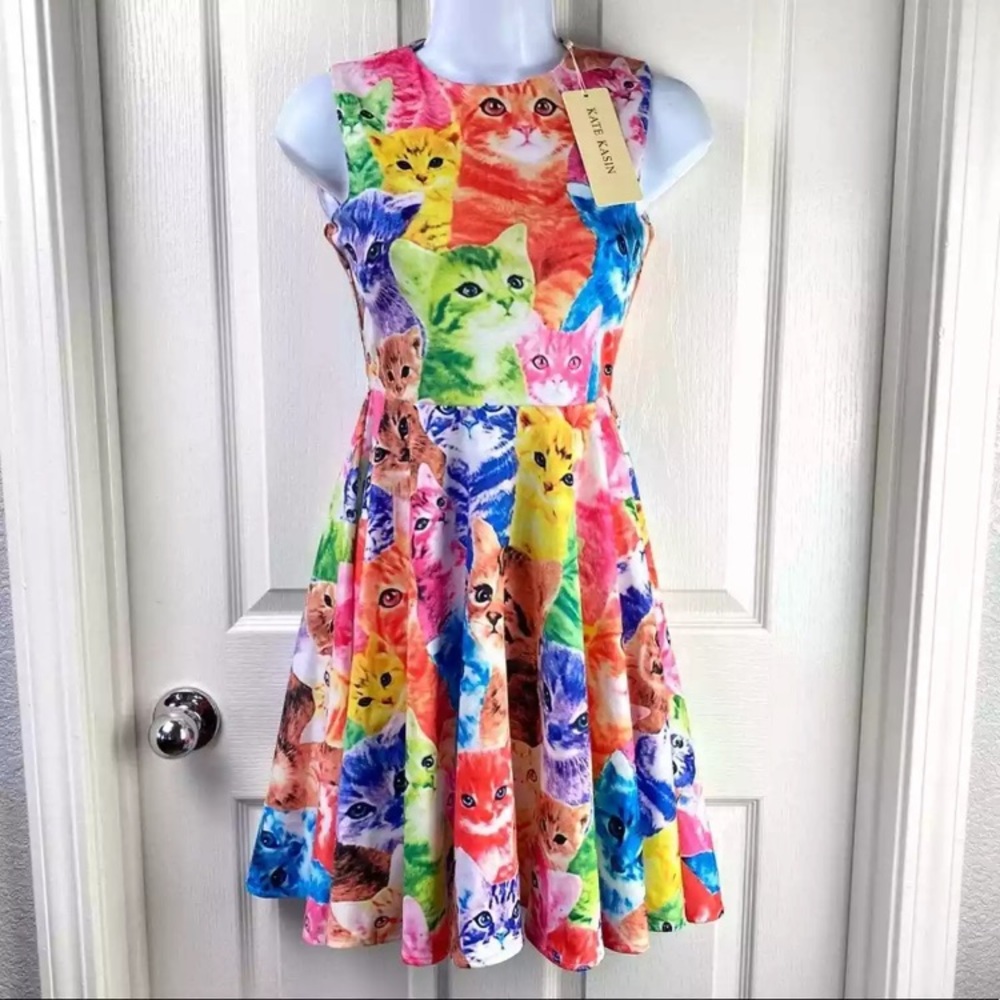 Kate Kasin Cat kitty Fit & Flare rainbow Dress